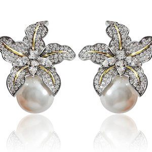 NEW ~ Anthropologie, BHLDN, Pave Crystal Flower Pearl Earrings